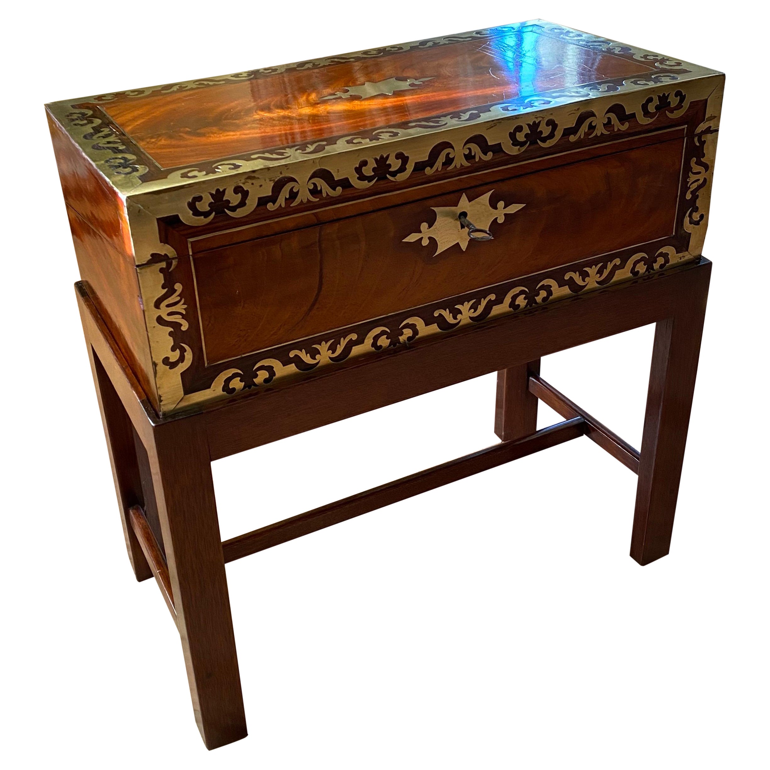 English 1870s Mahogany Lap Desk Box on Custom Stand Fitted with Green ...