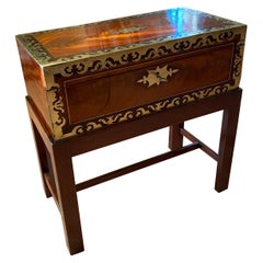 English Mid-19th Century Mahogany and Brass Inlaid Lap Desk Box on Stand