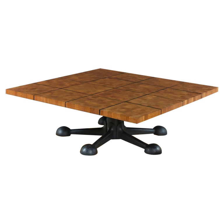 Industrial Modern Cast Iron Jax Base Solid Teak Marquetry Danish Coffee Table For Sale