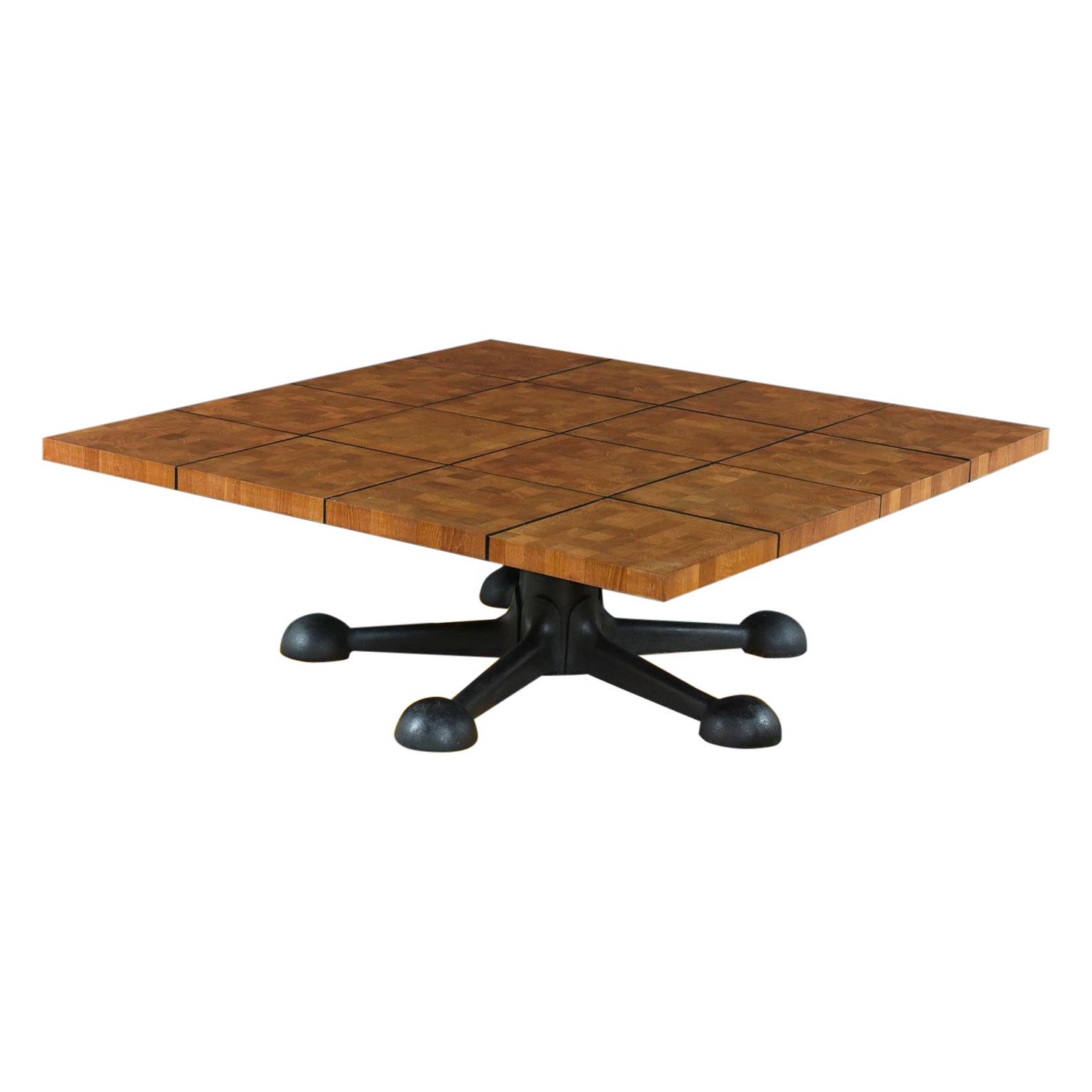 Industrial Modern Cast Iron Jax Base Solid Teak Marquetry Danish Coffee Table For Sale