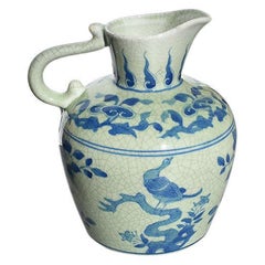 Chinoiserie Blue and White Ceramic Pitcher with Crane and Floral Motif