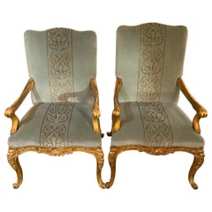 Pair of Giltwood Arm Chairs, Louis XV-Style Upholstered in Pale Aqua Blue /Gold