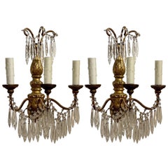 Pair of Antique Italian Giltwood and Crystal 3 Light Wall Sconces