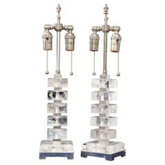 Pair of Art Deco Style Silvered Wood and Rock Crystal Lamps, 20th Century