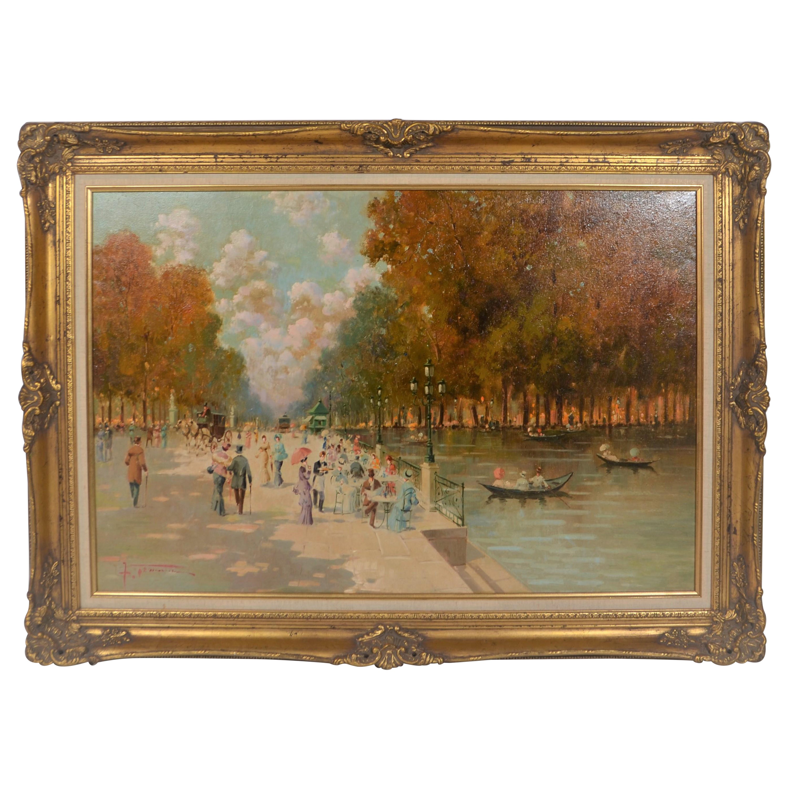 Large French Riverbank Scene Painting, Oil on Canvas, Signed
