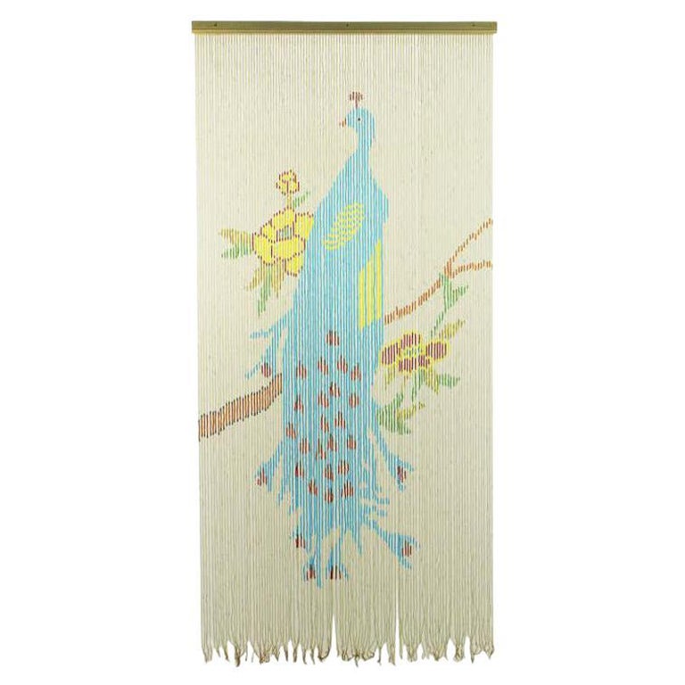 1940s Beaded Glass Blue Peacock Curtain or Wall Hanging