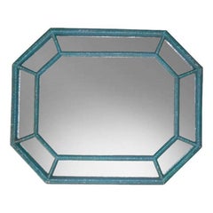 Hollywood Regency 1970s Blue Octagonal Faux Rattan Bamboo Wrapped Mirror