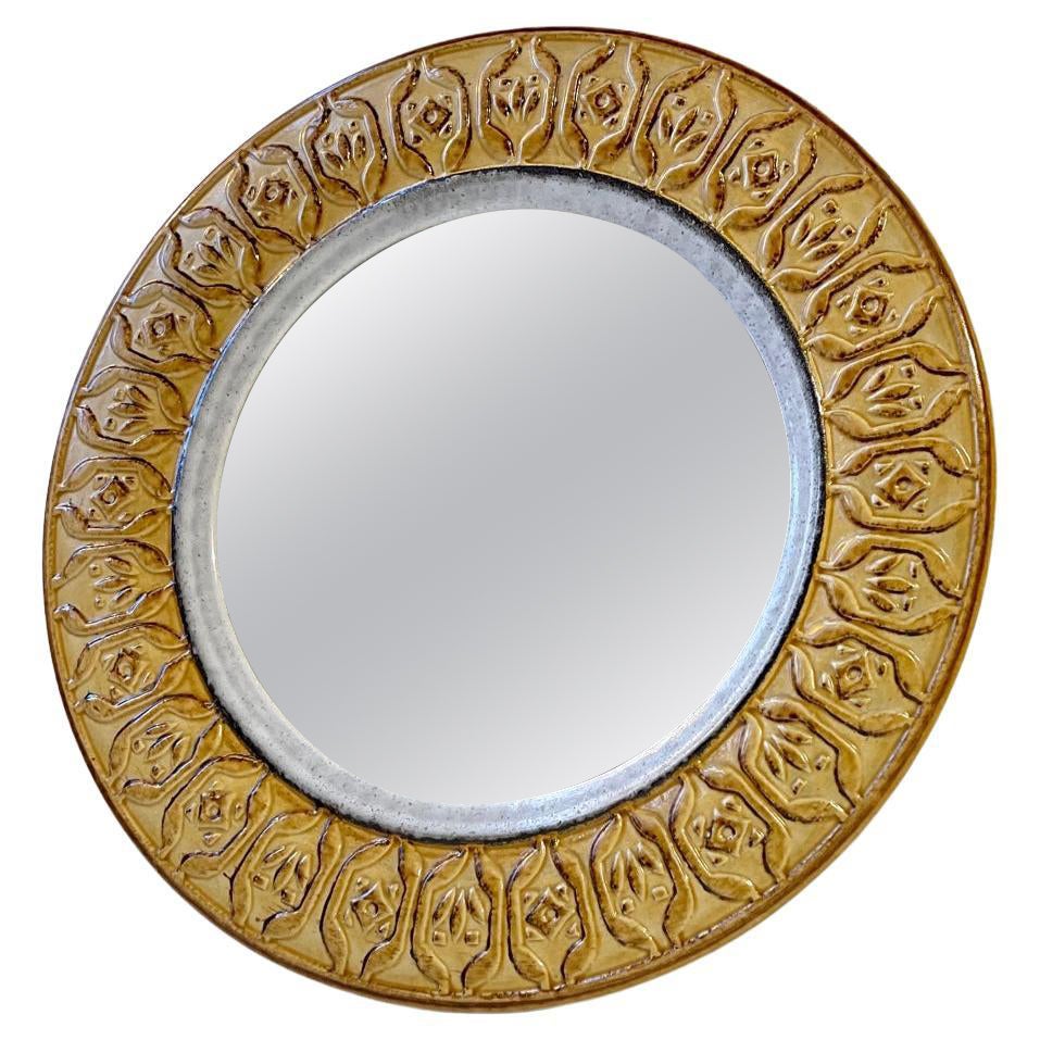 Midcentury Round Italian Ceramic Wall Mirror, 1970s For Sale