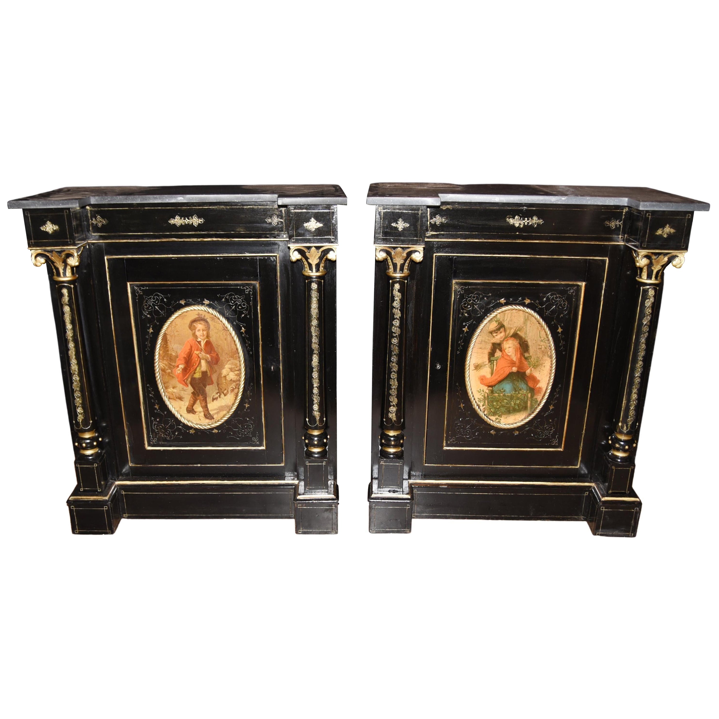 Pair Antique French Cabinets, Ebonized Painted Plaques Credenza Sideboard