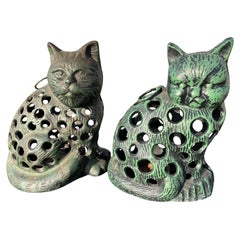 Japanese Charming Old Vintage Pair "Green Cats" Garden Lighting Lanterns