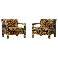 Vintage Pair of Milo Baughman Style Mid Century Parsons Chairs in Leopard Velvet c. 1970