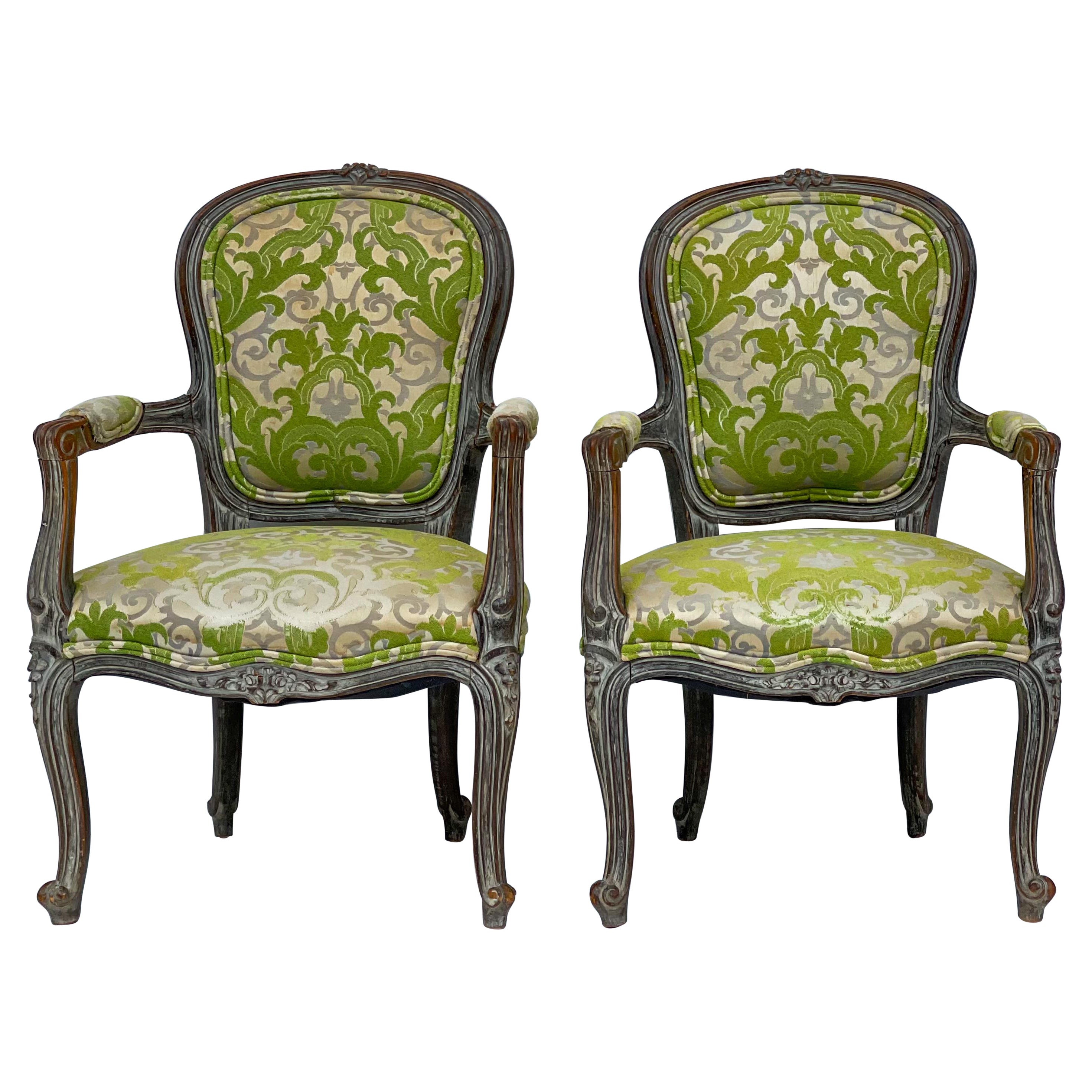 Early French Louis XVI Style Child’s Chairs in Chartreuse Damask, Pair For Sale