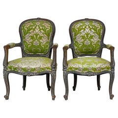Early French Louis XVI Style Child’s Chairs in Chartreuse Damask, Pair