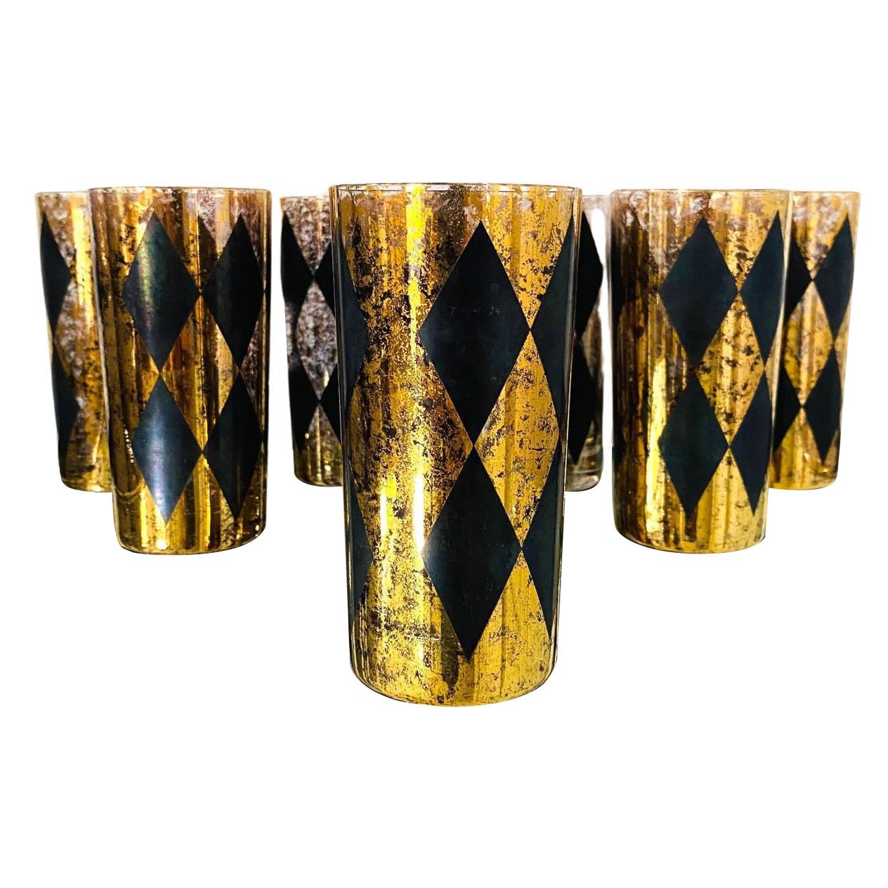 Set of Eight Harlequin Black and Gold Leaf Diamond Highball Glasses, circa 1960s For Sale