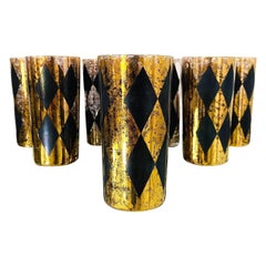 Cocktail Glasses, Set of Eight Diamond Black and Gold Leaf Highballs, c. 1960s