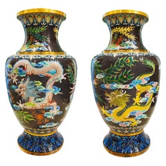 Pair of Vintage Chinese Cloisonné Vases with Dragons and Phoenix, c. 1940's