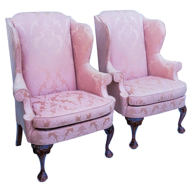 Chinese Chippendale Style Ball and Claw Wingback Chairs by Hickory Chair, Pair For Sale