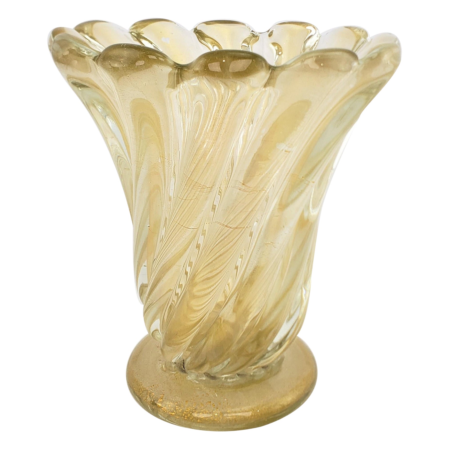 Large & Heavy Mid-Century Modern Murano Swirled Art Glass Vase with Aventurine For Sale