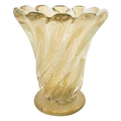 Large & Heavy Mid-Century Modern Murano Swirled Art Glass Vase with Aventurine
