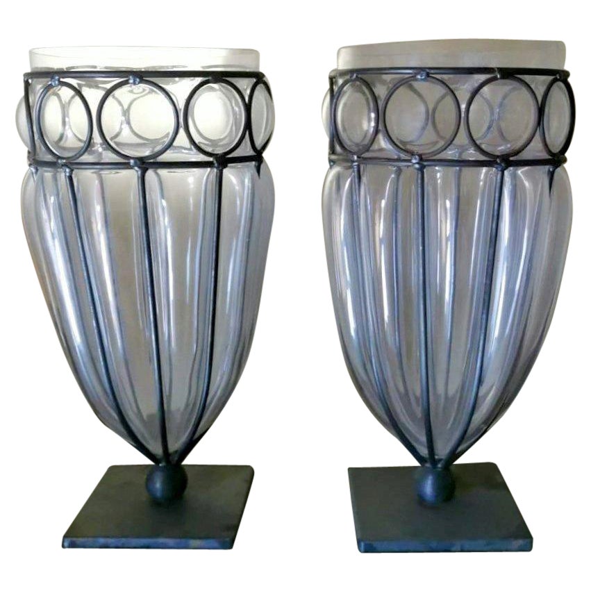 Murano Pair of Blown Transparent Glass Vases in Metal Cage