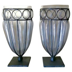 Murano Pair of Blown Transparent Glass Vases in Metal Cage
