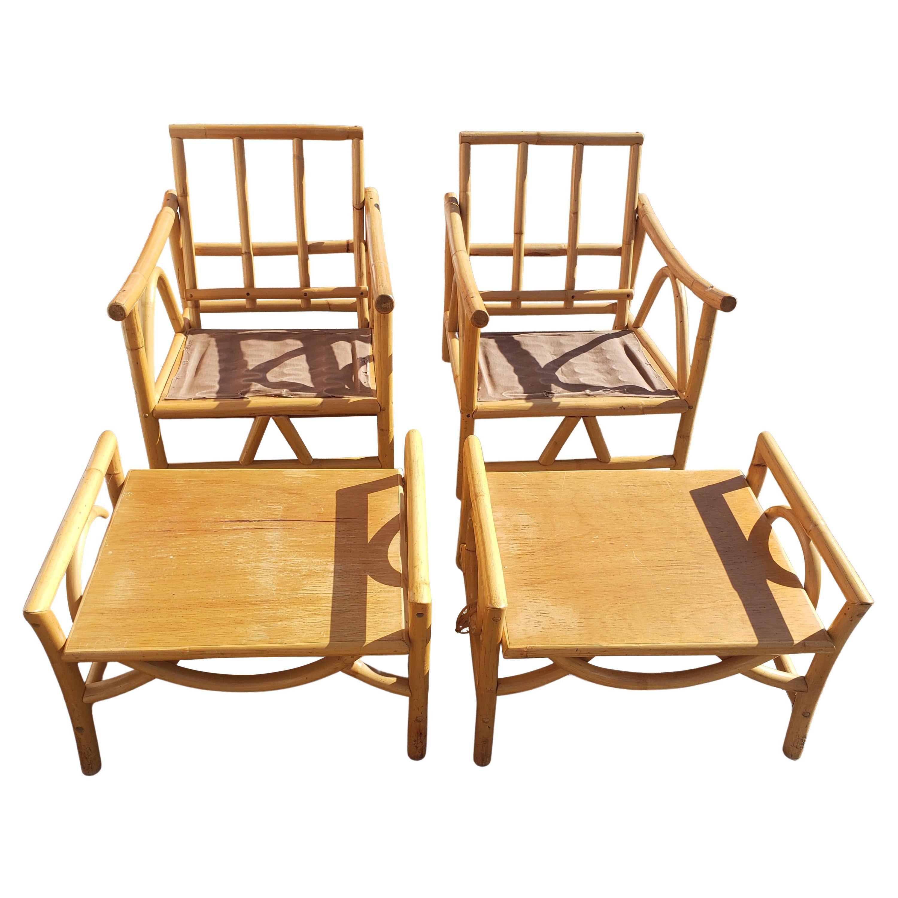 1960s Bam Tan Rattan Bamboo Lounge Chair with Ottoman, a Pair