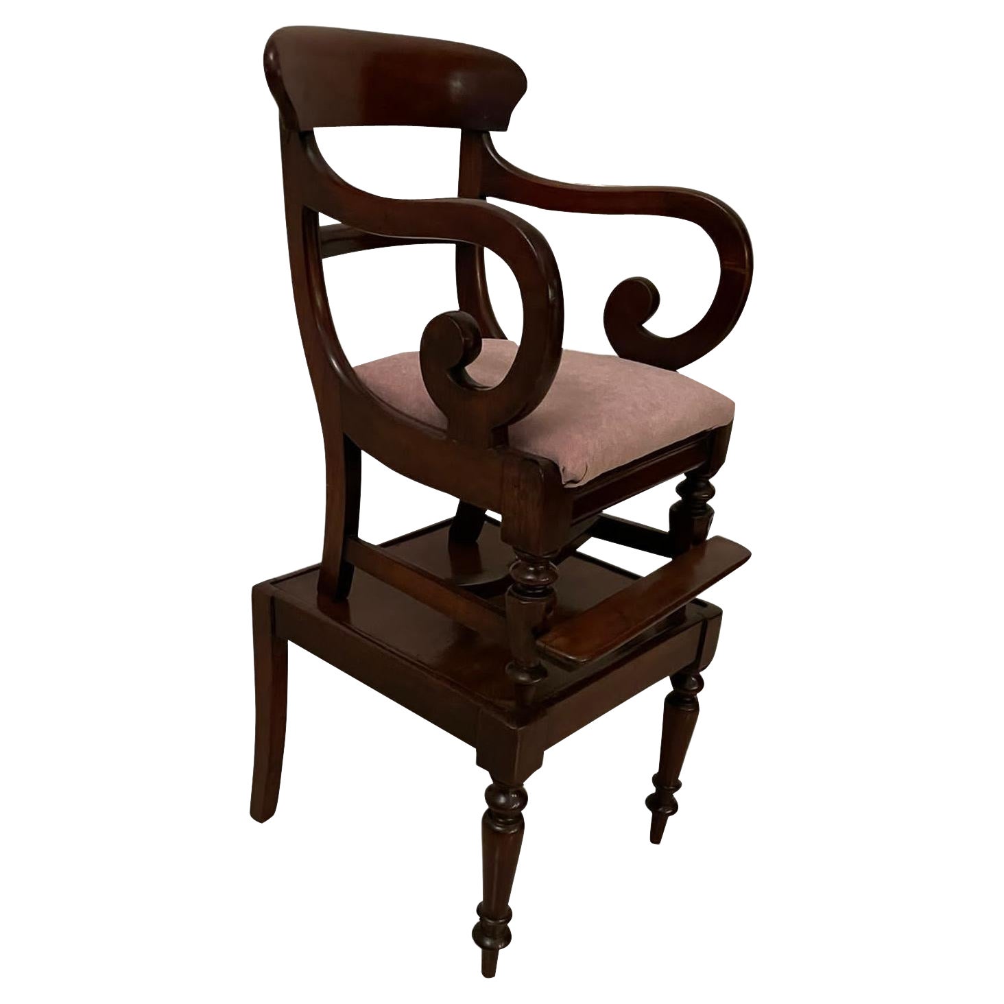 Unusual Antique William IV Quality Mahogany Child’s Armchair and Stand For Sale