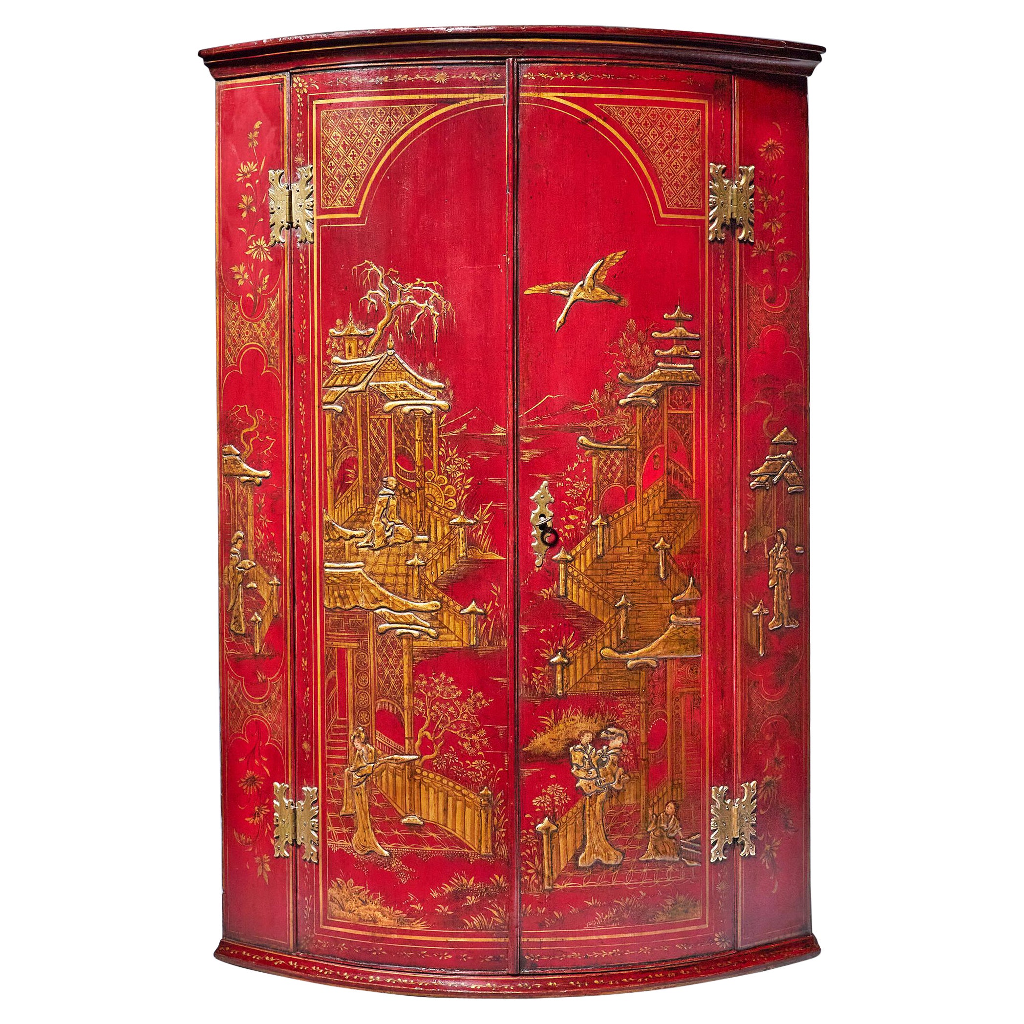 18th Century George II Scarlet/Red Japanned Corner Cupboard, Att. Giles Grendey For Sale