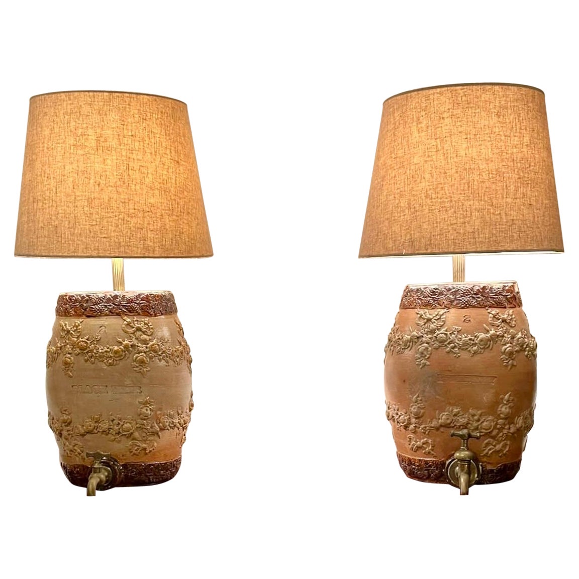 Pair of Antique Victorian Doulton Barrel Lamps