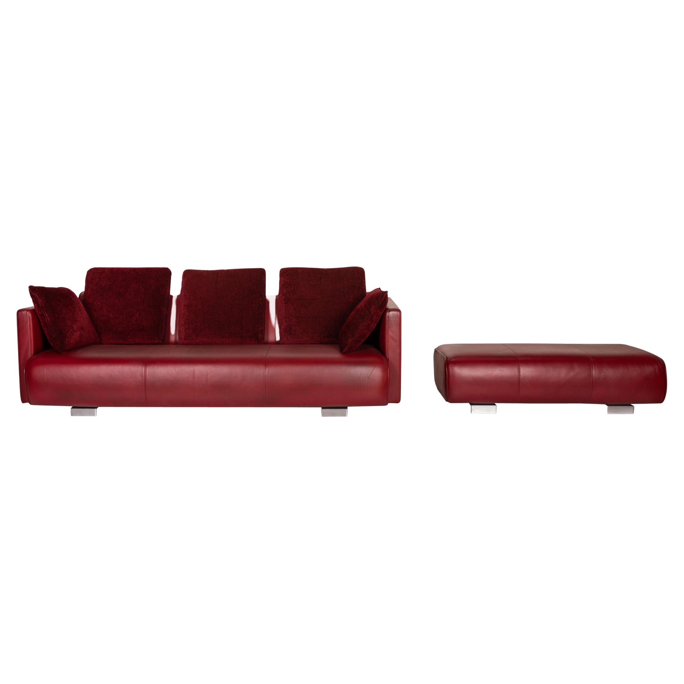 Rolf Benz 6300 Leather Sofa Set Red Three-Seater Stool For Sale