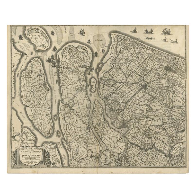 Antique Map of Delfland and Schieland by Hondius, c.1630 For Sale