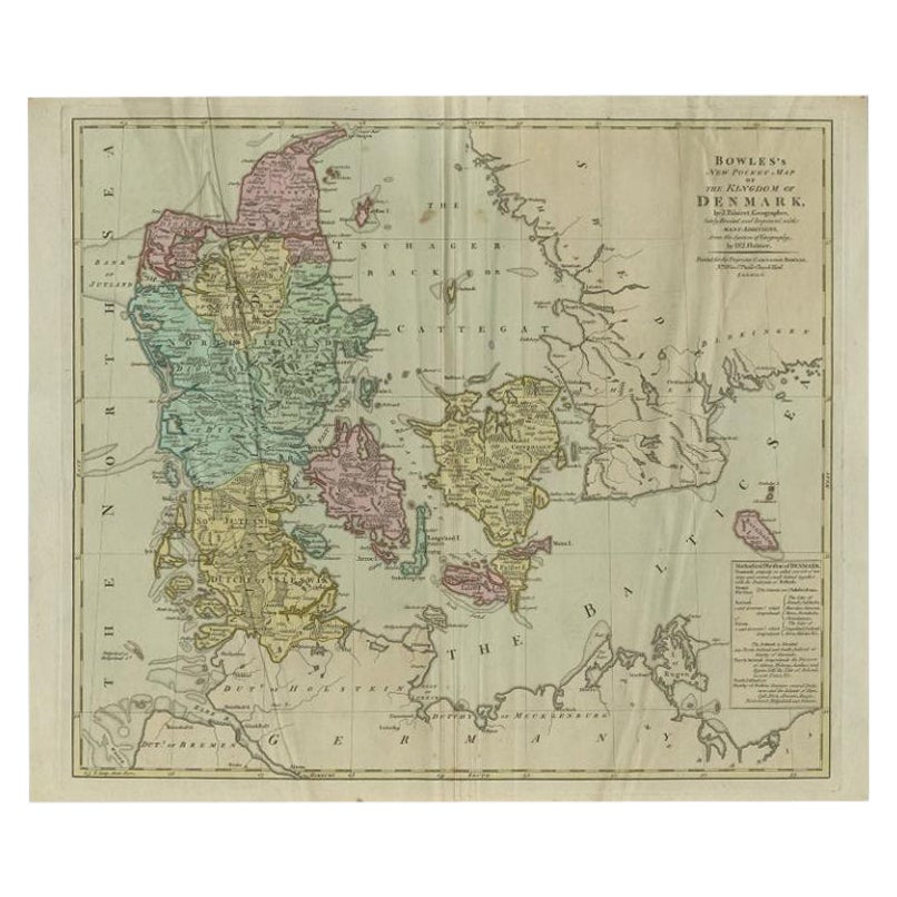 Grande carte ancienne du Danemark par Bowles, vers 1780 en vente