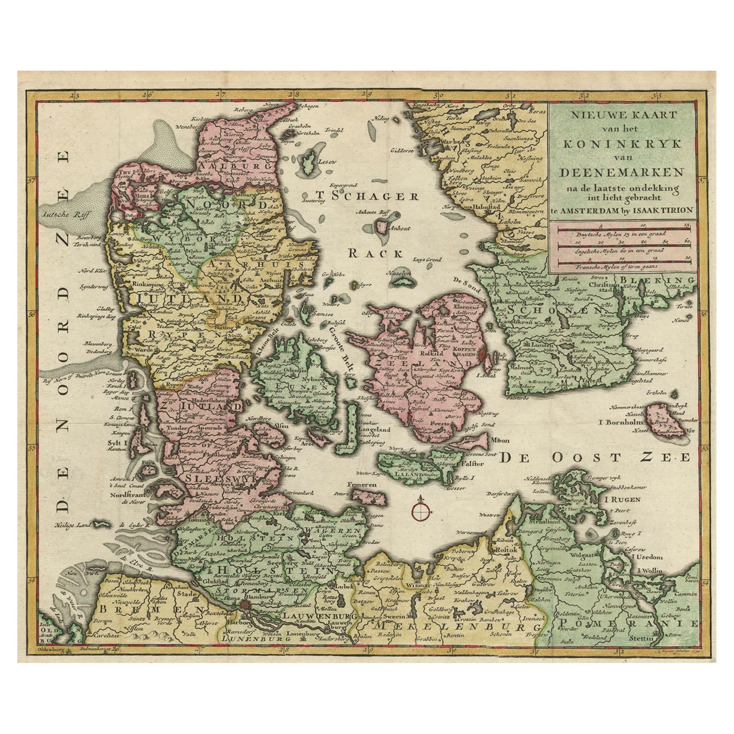 Jolie carte ancienne montrant le Danemark et une partie de la Suède et de l'Allemagne, vers 1750 en vente