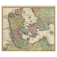 Jolie carte ancienne montrant le Danemark et une partie de la Suède et de l'Allemagne, vers 1750