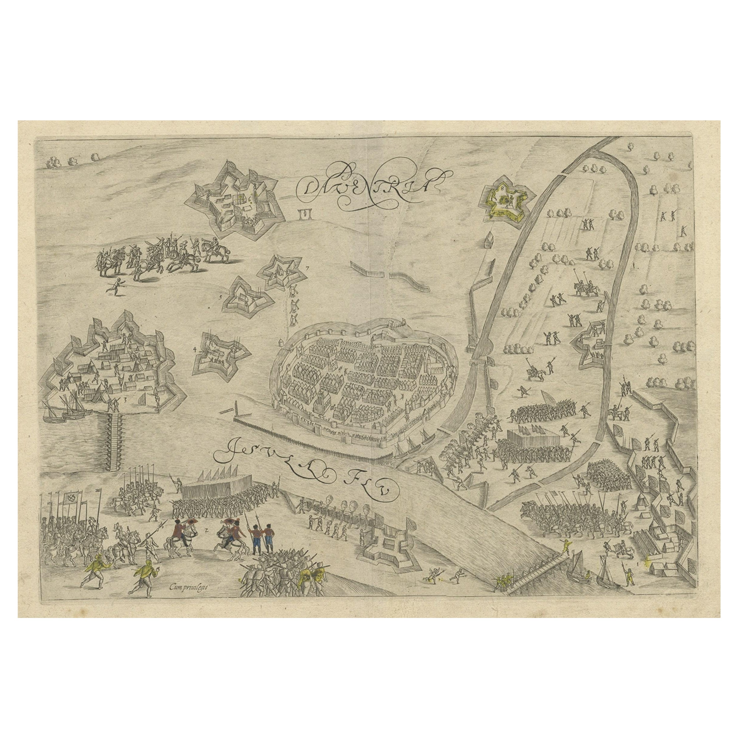 Carte ancienne de la Siege de 1591 et de l'Occupation de Deventer City, Hollande, vers 1610 en vente