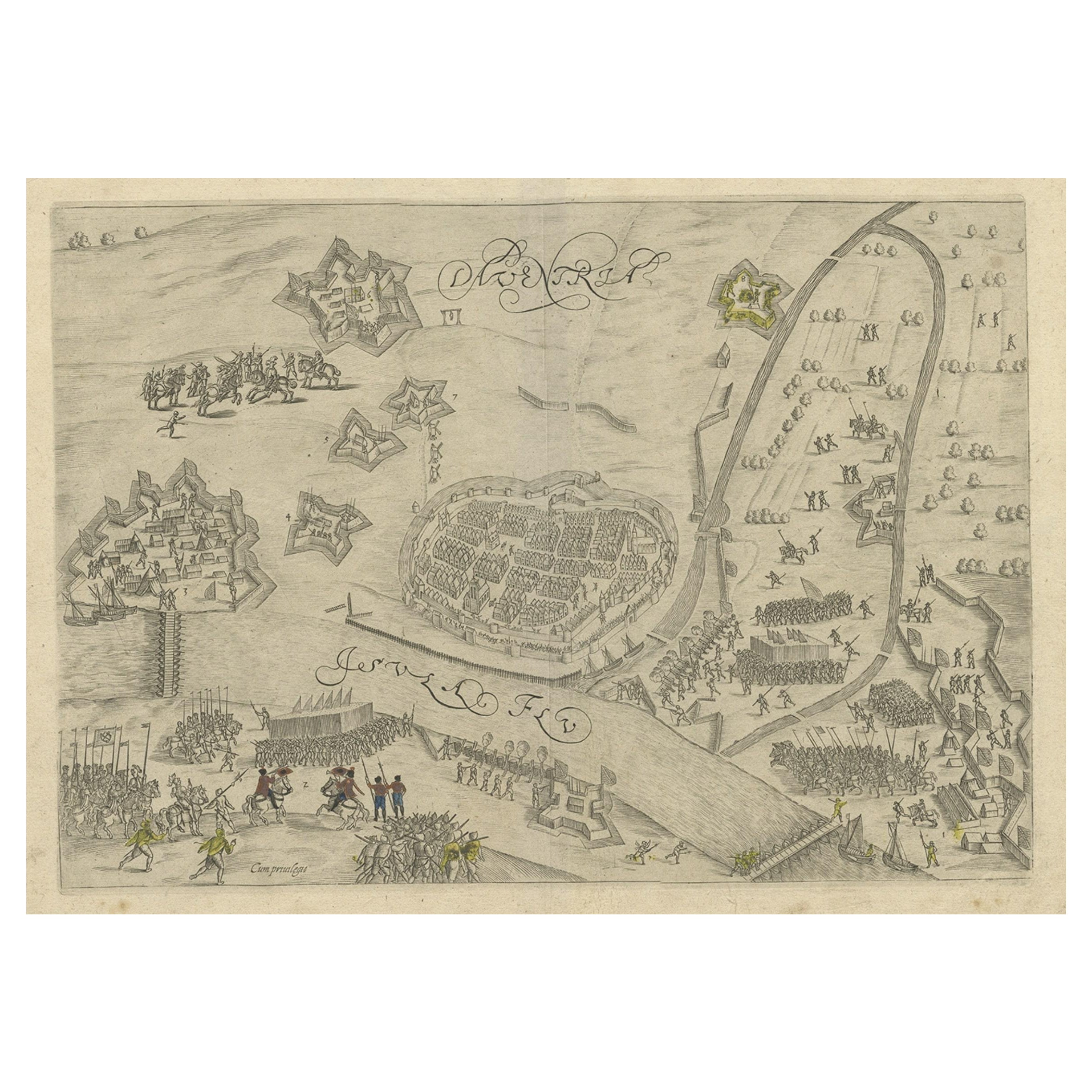 Carte ancienne du siège et de l'occupation de la ville de Deventer en 1591, Hollande, vers 1610