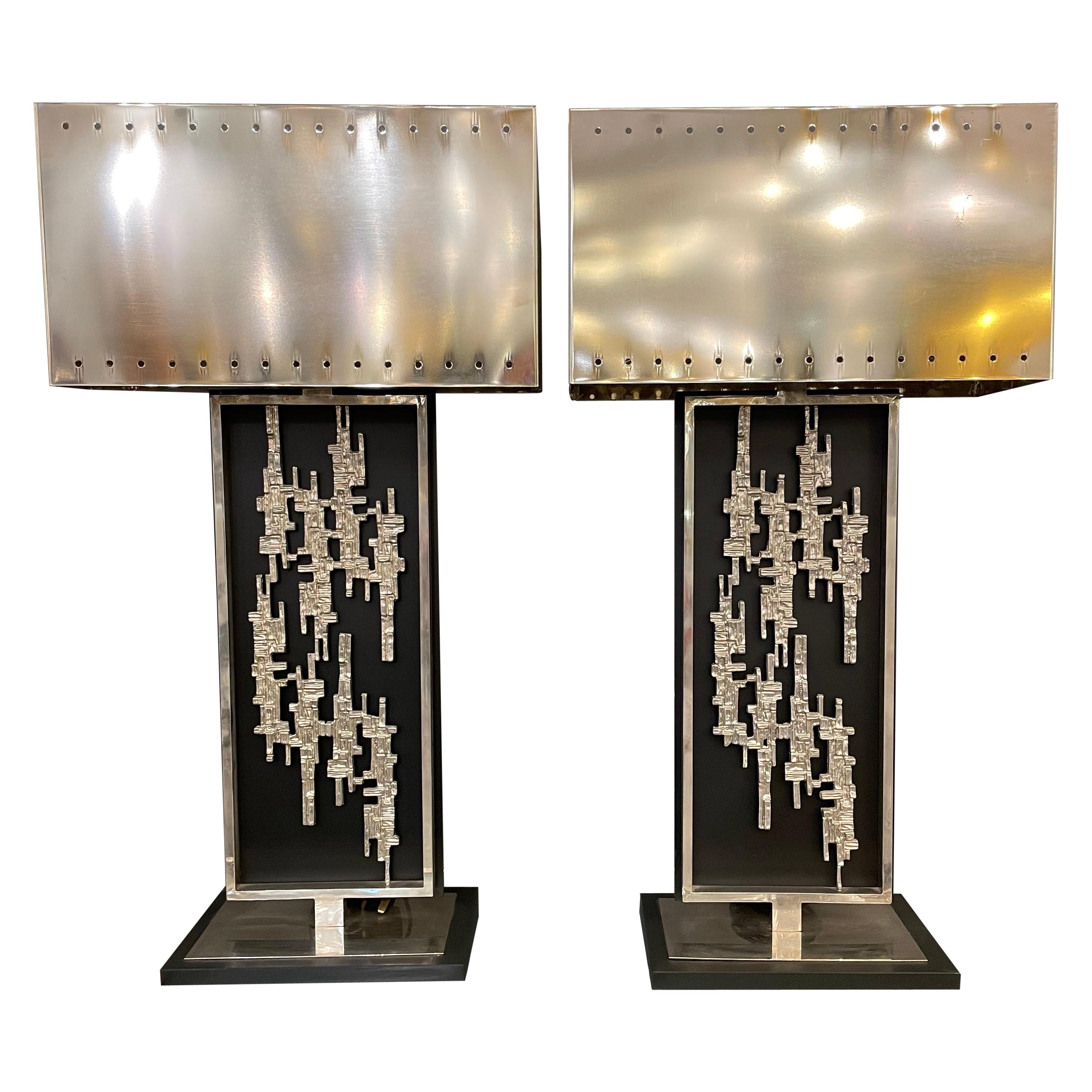 Pair of Table Lamps in Nickel Patinated Bronze in the Style of Brotto