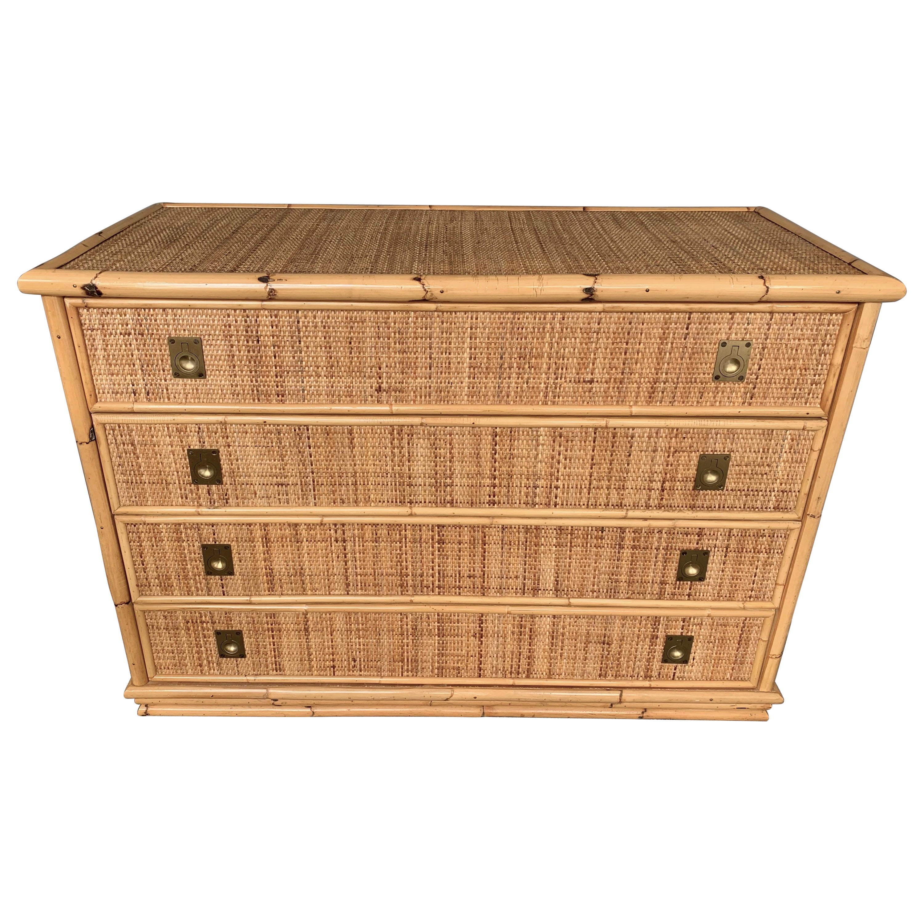 Bamboo Rattan and Brass Chest of Drawers by Dal Vera, Italy, 1970s