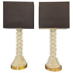 Pair of Tall Table Lamps in Clear Rostrato Murano Glass