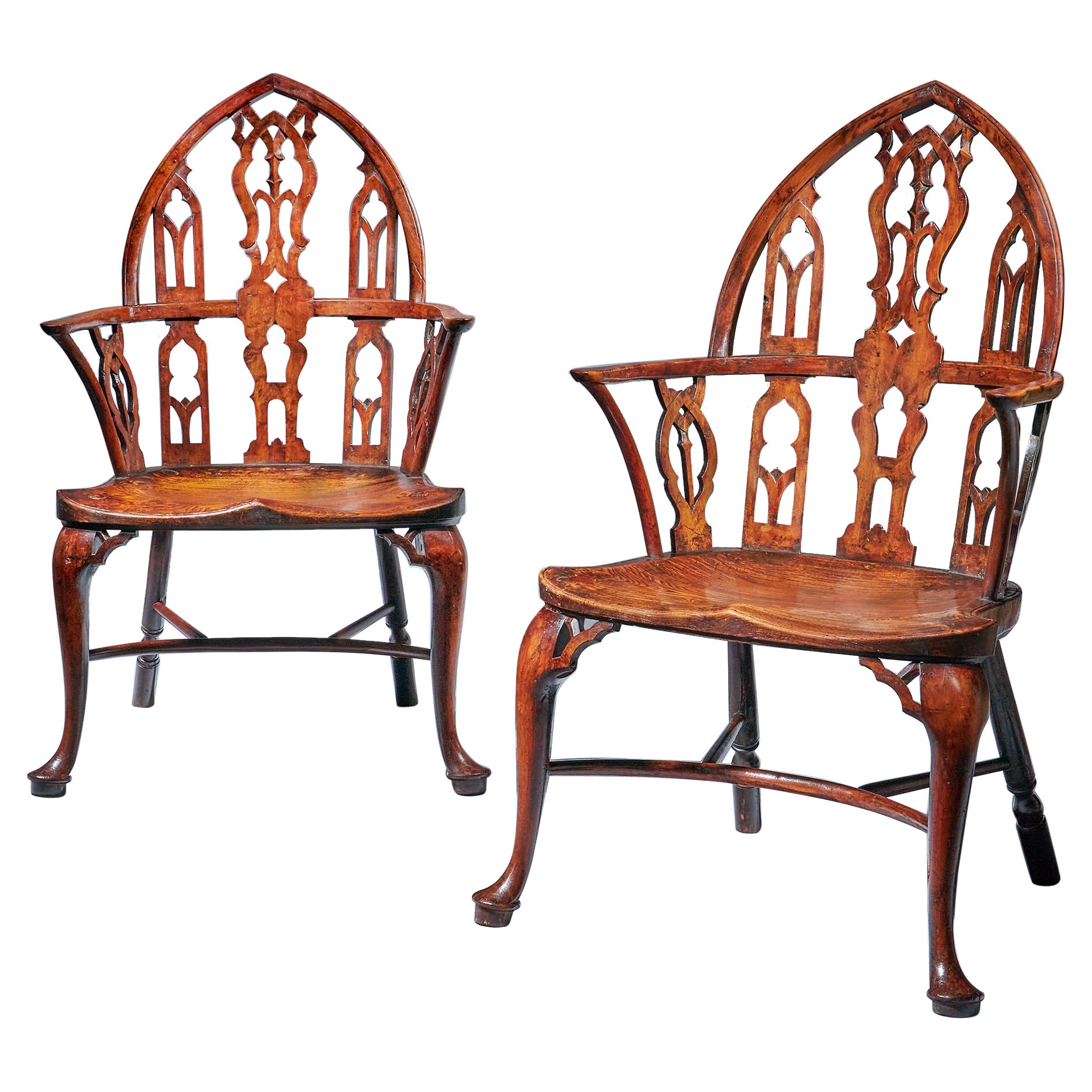 Pair of 18th Century George II Gothic Yew and Elm Windsor Armchairs, circa 1760 For Sale