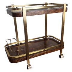 Two-Tier Walnut Burl Wood and Brass Bar Cart, Italy, 1970s