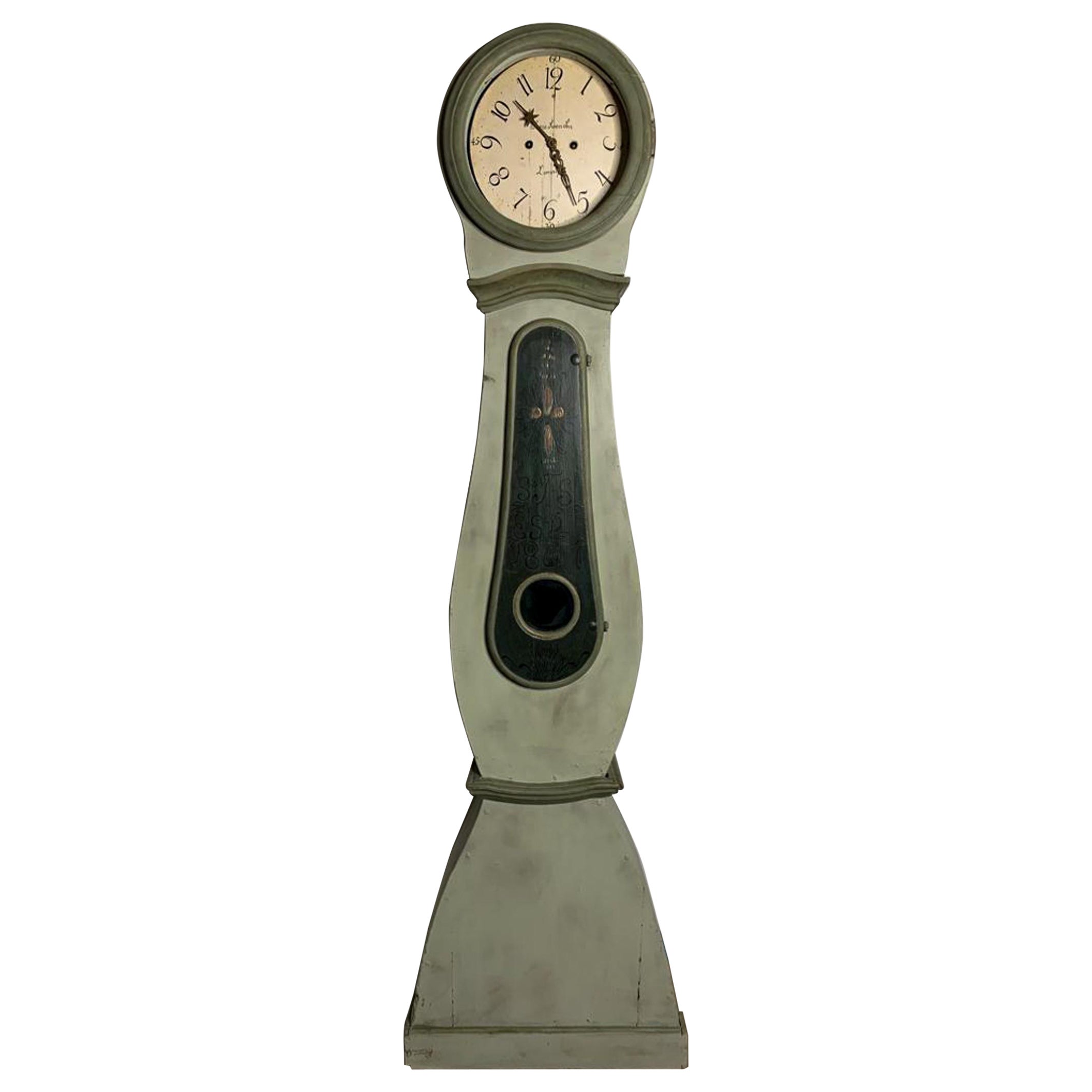 Antique Mora Clock Swedish 1800s Sage Green Folk Art Detail Country