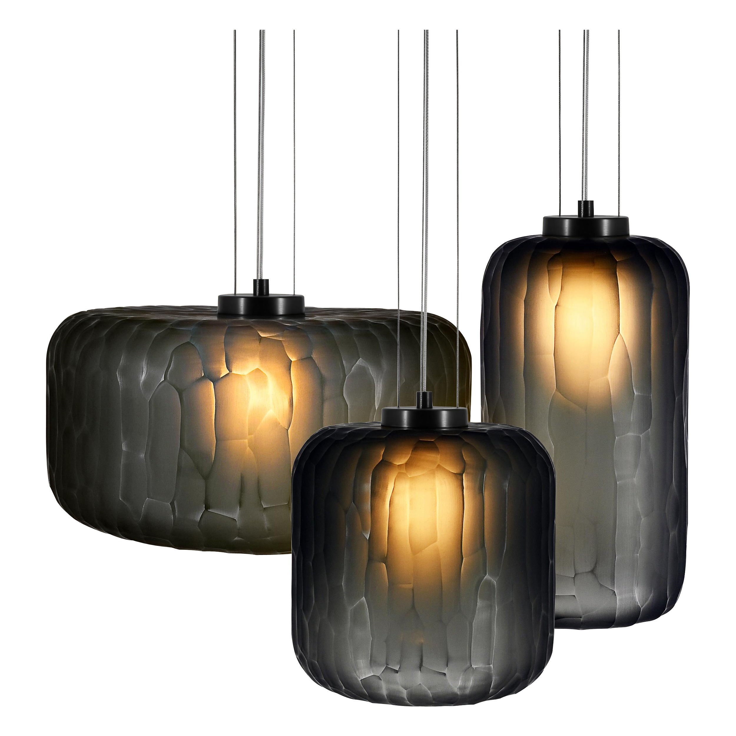 Handmade Shereen 3 Light Modern Smoke and Black Nickel Glass Chandelier For Sale