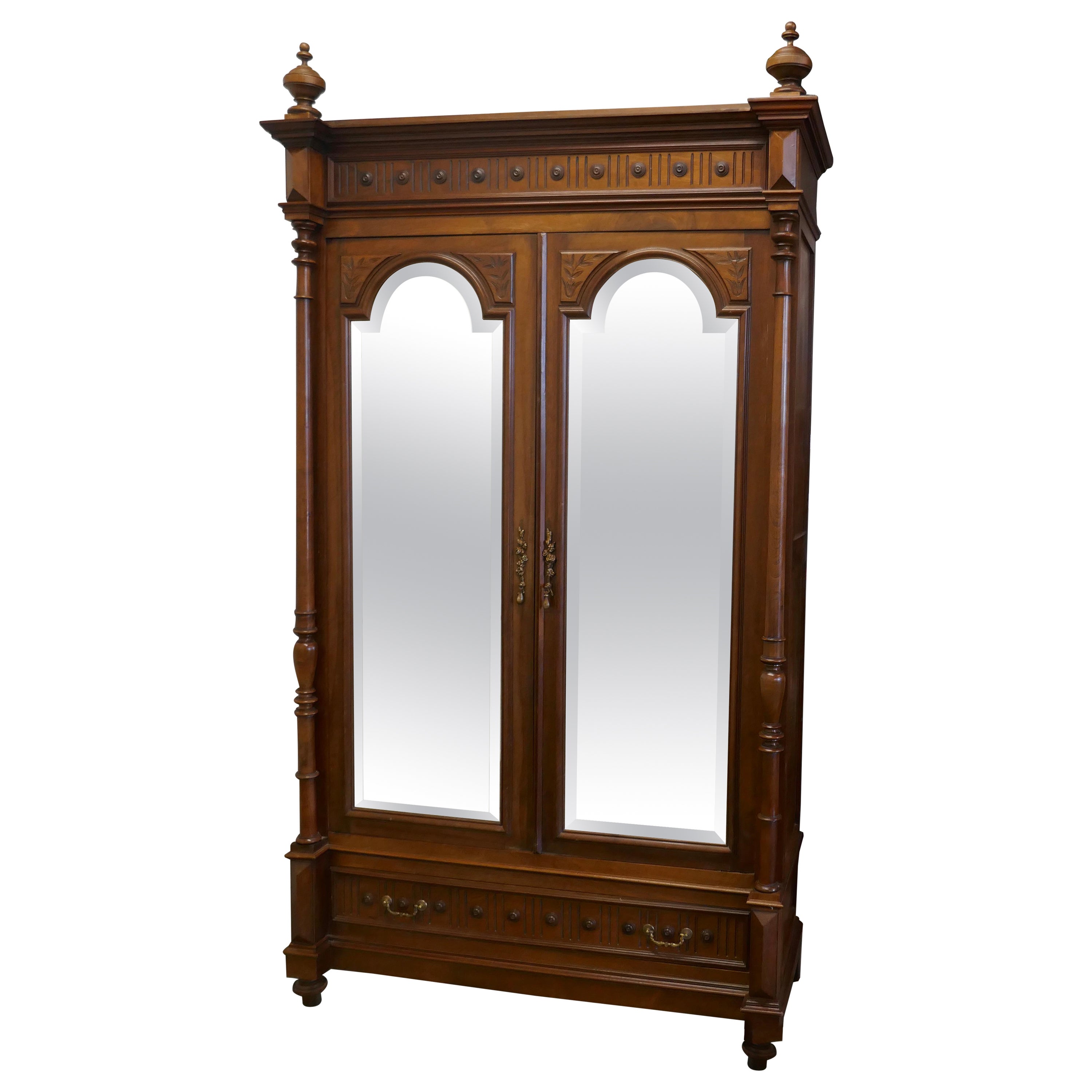 French Arts & Crafts Walnut Mirror Double Door Armoire