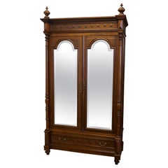 Antique French Arts & Crafts Walnut Mirror Double Door Armoire