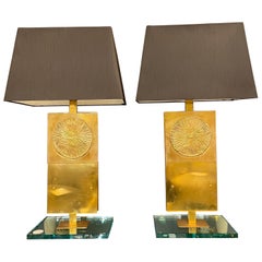 Retro Pair of Italian Table Lamps in Bronze with Sun Decorations, circa 1980