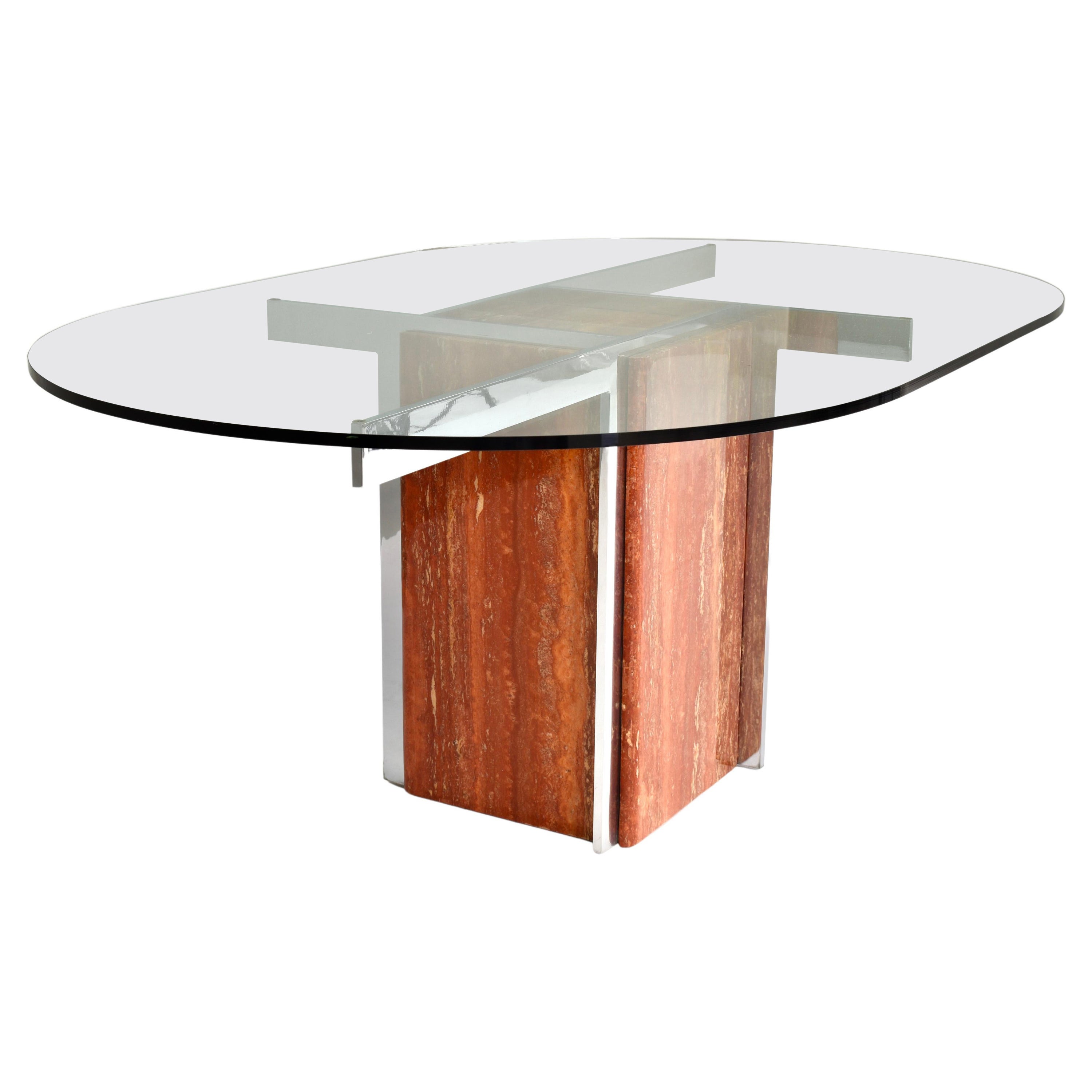 Modern Italian Oval Dining Table in Marble, Chrome and Glass, Italy, circa 1970