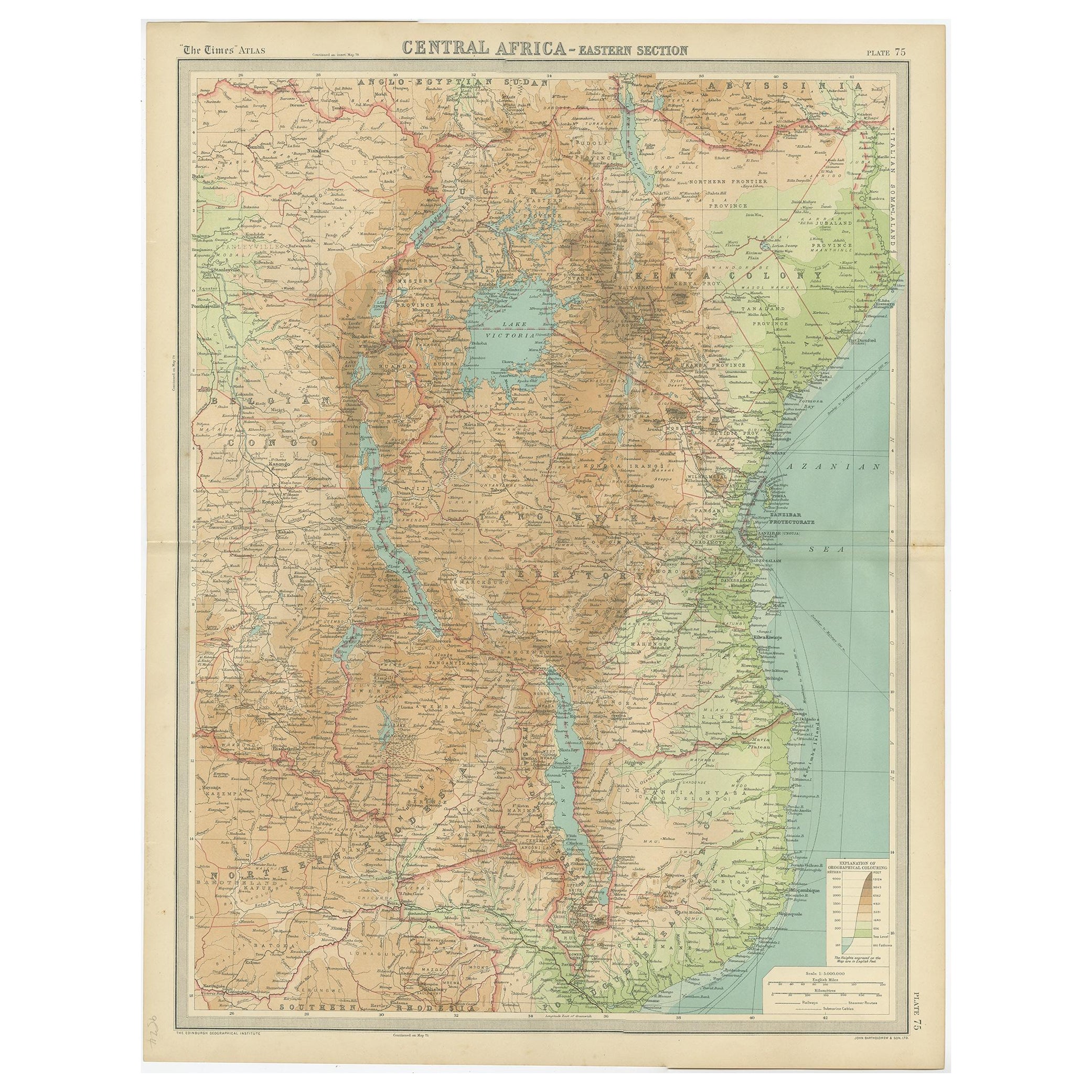 Antique Map of Central Africa 'East' Depicting Belgian Congo, Kenya etc, 1922