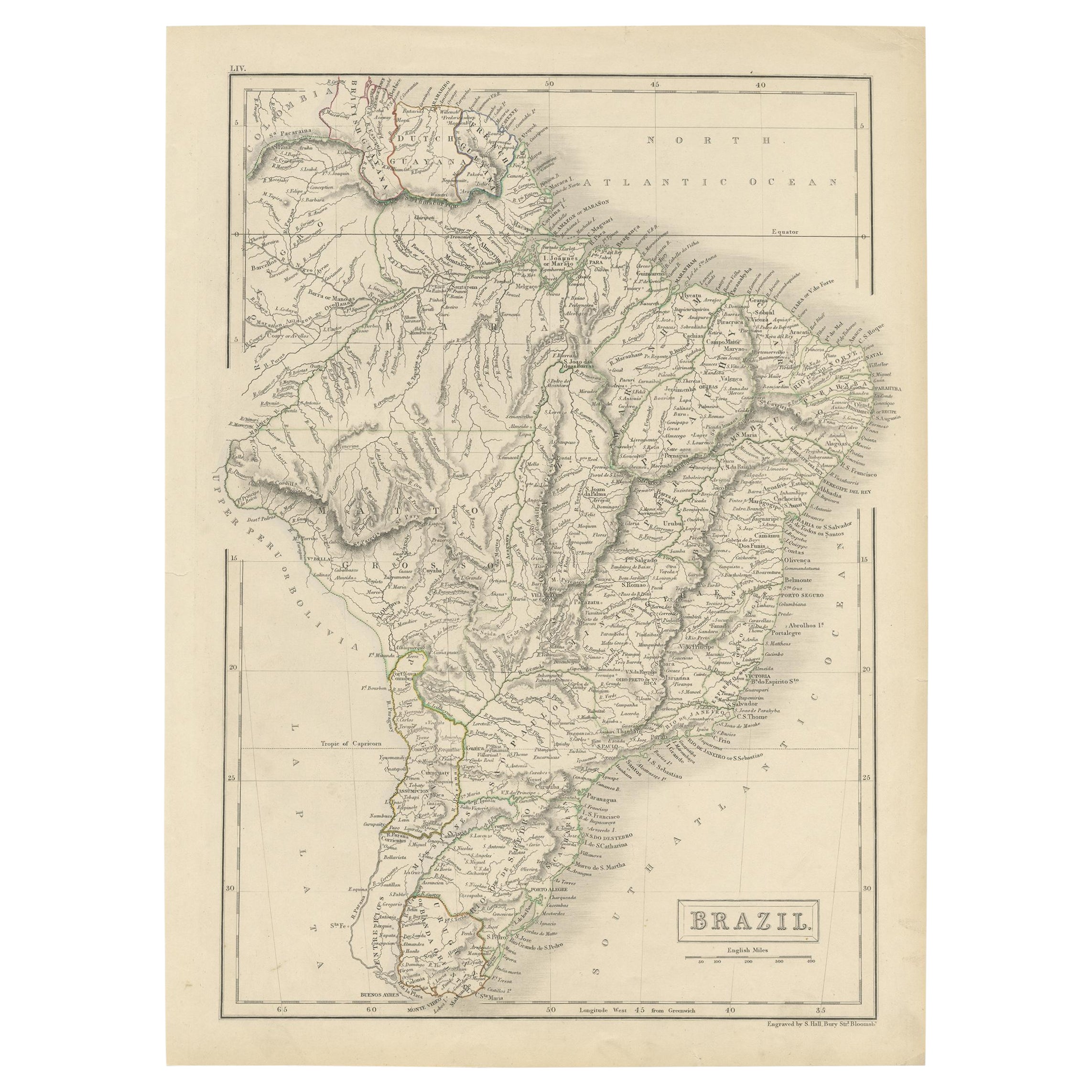 Carte ancienne du Brésil avec contour d'origine découpé à la main, vers 1844