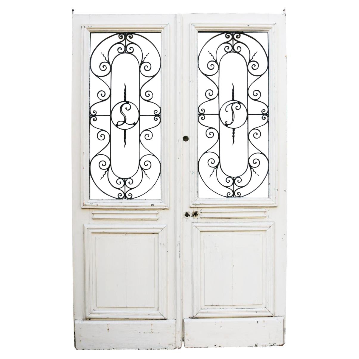 Pair of French Oak Doors with Wrought Iron Panels For Sale